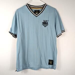 Football Town XL Blue Soccer V Neck Shirt Mens Short Sleeve Cotton Tee Sports